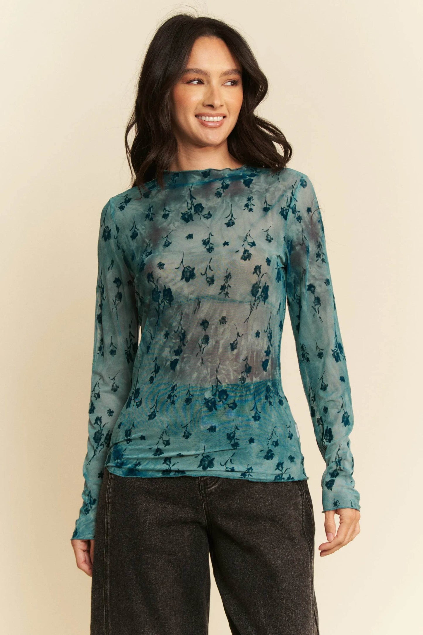 Davi & Dani Floral Mesh Long Sleeve Sheer Layering Top - Shop Style & More | Fresh Looks, Everyday Deals & Free Shipping