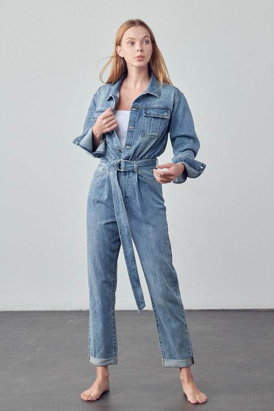 Belted Collared Button Front Denim Jumpsuit - Shop Style & More | Fresh Looks, Everyday Deals & Free Shipping