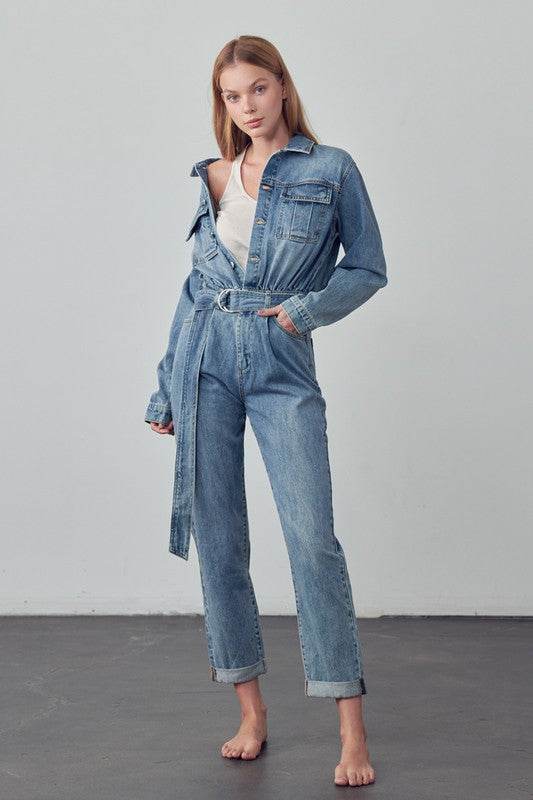 Belted Collared Button Front Denim Jumpsuit - Shop Style & More | Fresh Looks, Everyday Deals & Free Shipping