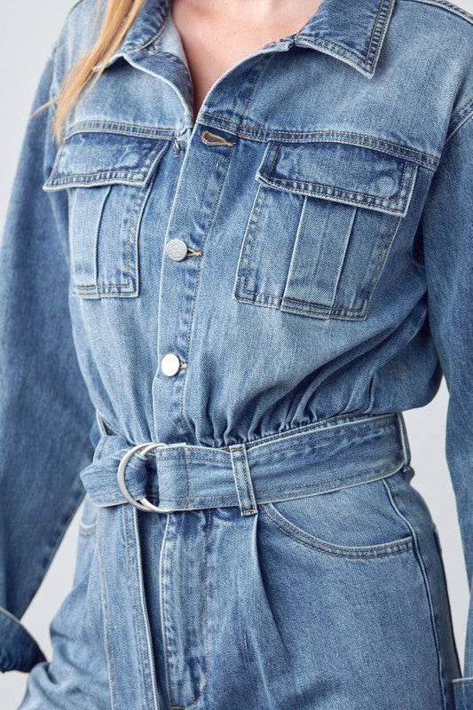 Belted Collared Button Front Denim Jumpsuit - Shop Style & More | Fresh Looks, Everyday Deals & Free Shipping