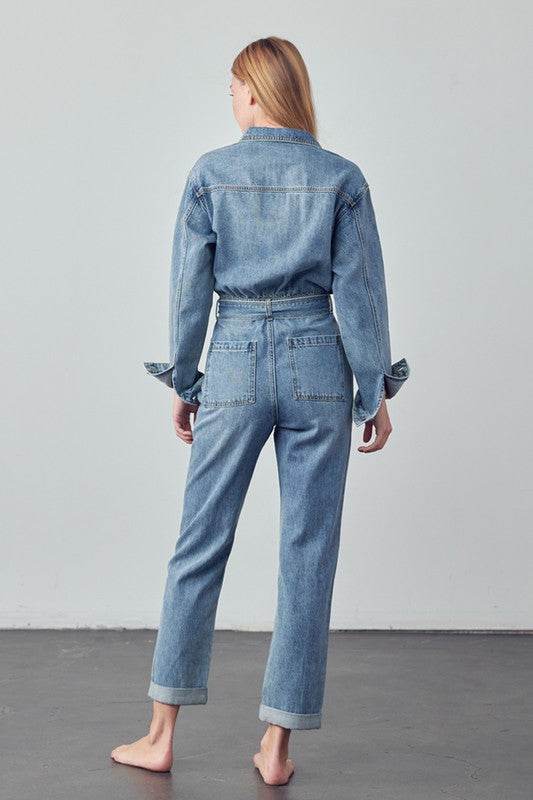 Belted Collared Button Front Denim Jumpsuit - Shop Style & More | Fresh Looks, Everyday Deals & Free Shipping