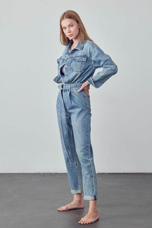 Belted Collared Button Front Denim Jumpsuit - Shop Style & More | Fresh Looks, Everyday Deals & Free Shipping