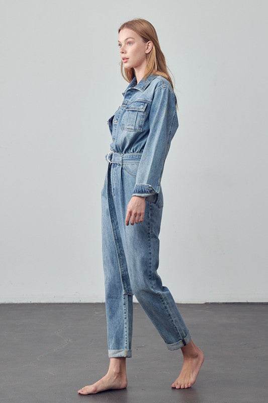 Belted Collared Button Front Denim Jumpsuit - Shop Style & More | Fresh Looks, Everyday Deals & Free Shipping
