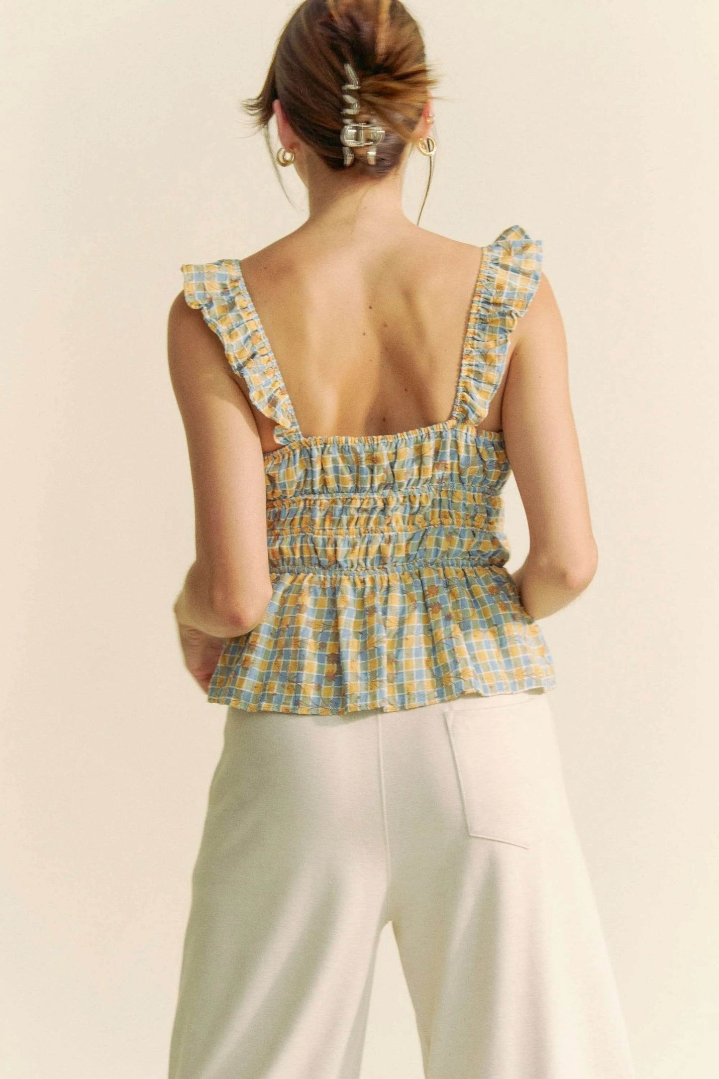 Davi & Dani Plaid Ruffled Strap Smocked Sleeveless Top - Shop Style & More | Fresh Looks, Everyday Deals & Free Shipping