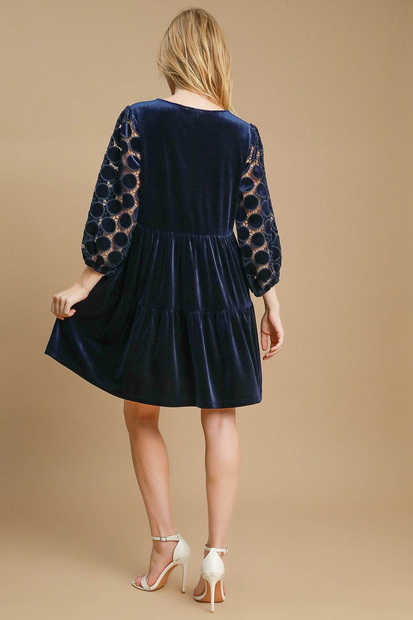 Umgee Dotted Lace Sleeve Tiered Velvet Mini Dress - Shop Style & More | Fresh Looks, Everyday Deals & Free Shipping