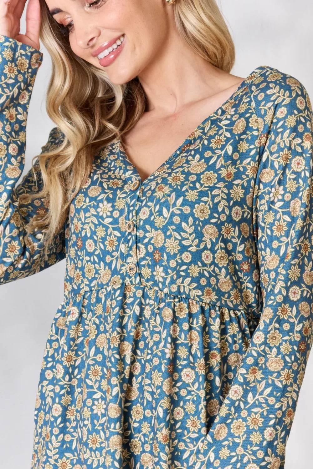 Heimish Full Size Floral Half Button Long Sleeve Blouse - Shop Style & More | Fresh Looks, Everyday Deals & Free Shipping