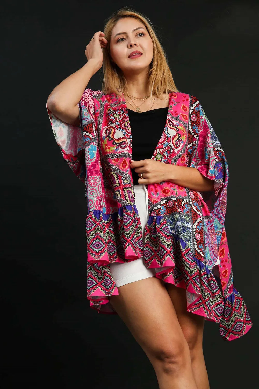 Umgee Full Size Mixed Print Ruffle Hem Open Front Cover Up Plus Size Women's Outerwear