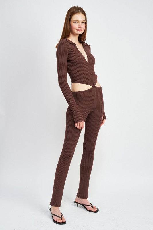 LONG SLEEVE BUTTON UP JUMPSUIT WITH SIDE CUT OUTS - Shop Style & More | Fresh Looks, Everyday Deals & Free Shipping
