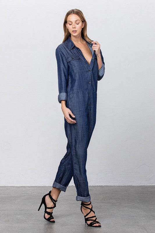 Collared Button Front Tencel Jumpsuit - Shop Style & More | Fresh Looks, Everyday Deals & Free Shipping