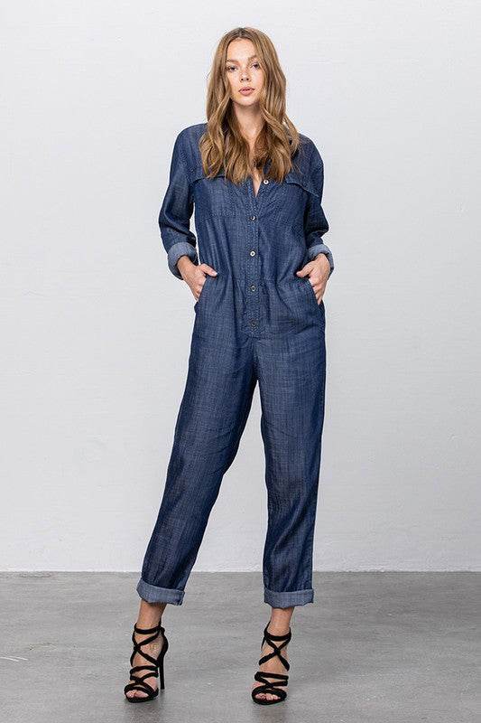 Collared Button Front Tencel Jumpsuit - Shop Style & More | Fresh Looks, Everyday Deals & Free Shipping