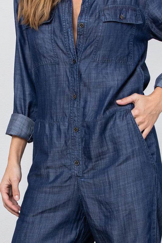 Collared Button Front Tencel Jumpsuit - Shop Style & More | Fresh Looks, Everyday Deals & Free Shipping