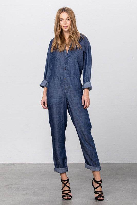 Collared Button Front Tencel Jumpsuit - Shop Style & More | Fresh Looks, Everyday Deals & Free Shipping