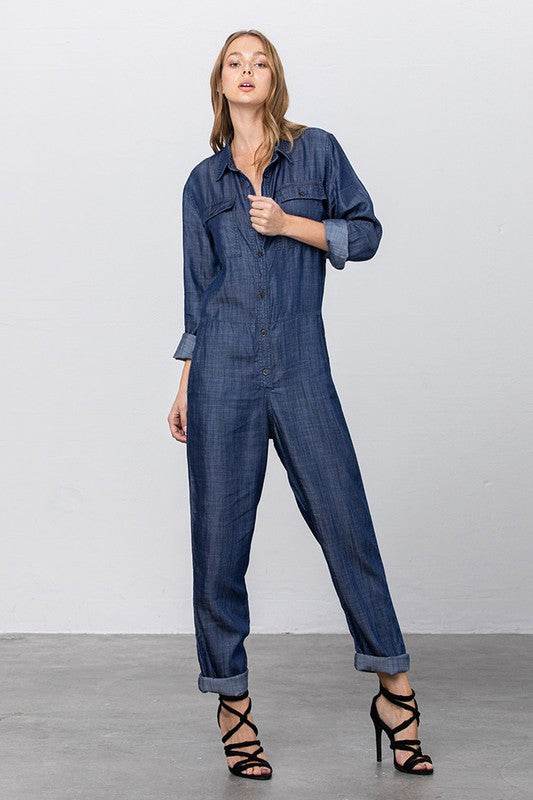 Collared Button Front Tencel Jumpsuit - Shop Style & More | Fresh Looks, Everyday Deals & Free Shipping