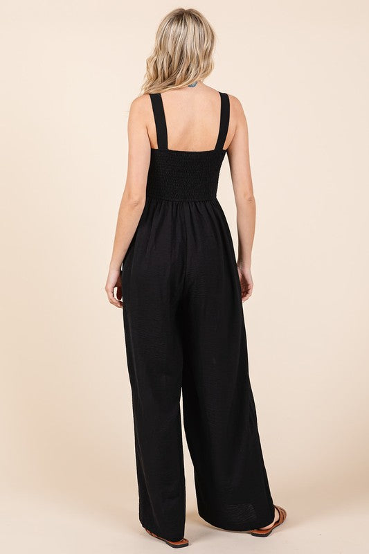 Mittoshop Smocked Wide Strap Wide Leg Overalls Jumpsuits