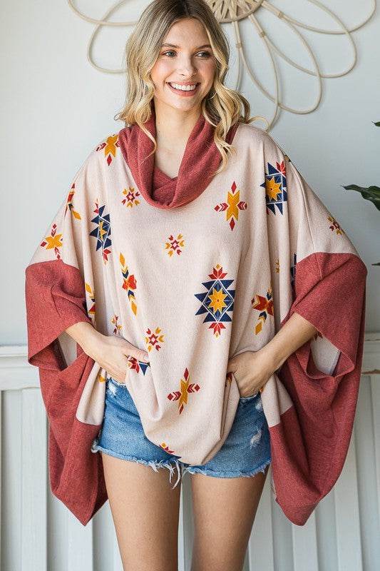 AZTEC PRINT COWL NECK OVERSIZED PONCHO - Shop Style & More | Fresh Looks, Everyday Deals & Free Shipping