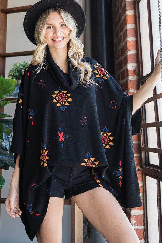 AZTEC PRINT COWL NECK OVERSIZED PONCHO - Shop Style & More | Fresh Looks, Everyday Deals & Free Shipping
