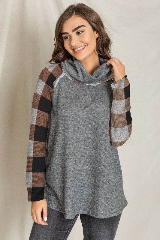 Terry Cowl Neck Checkered Sleeve Tunic - Shop Style & More | Fresh Looks, Everyday Deals & Free Shipping