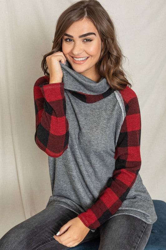 Terry Cowl Neck Checkered Sleeve Tunic - Shop Style & More | Fresh Looks, Everyday Deals & Free Shipping