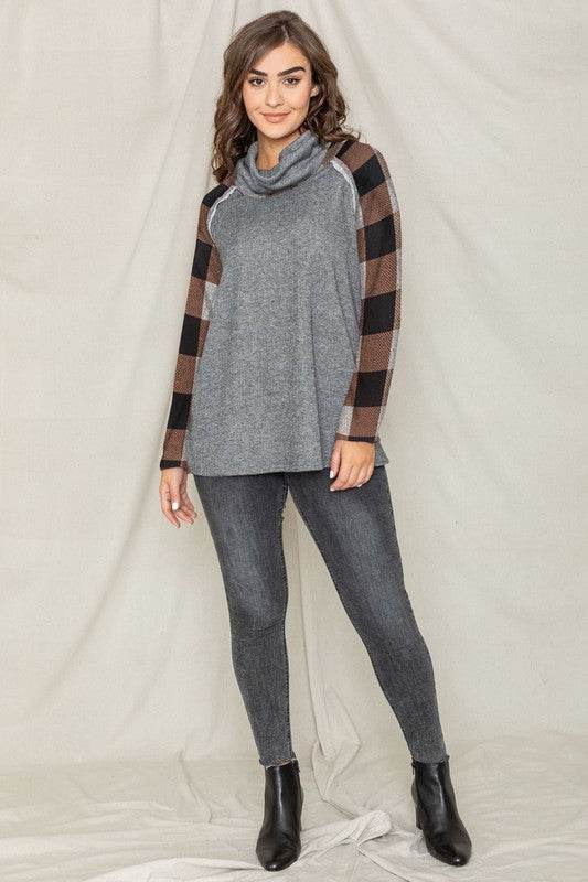 Terry Cowl Neck Checkered Sleeve Tunic - Shop Style & More | Fresh Looks, Everyday Deals & Free Shipping