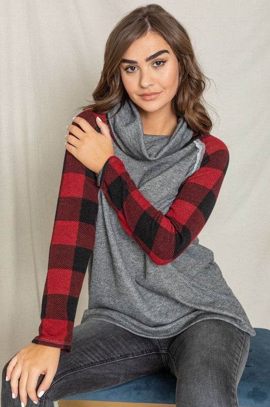 Terry Cowl Neck Checkered Sleeve Tunic - Shop Style & More | Fresh Looks, Everyday Deals & Free Shipping