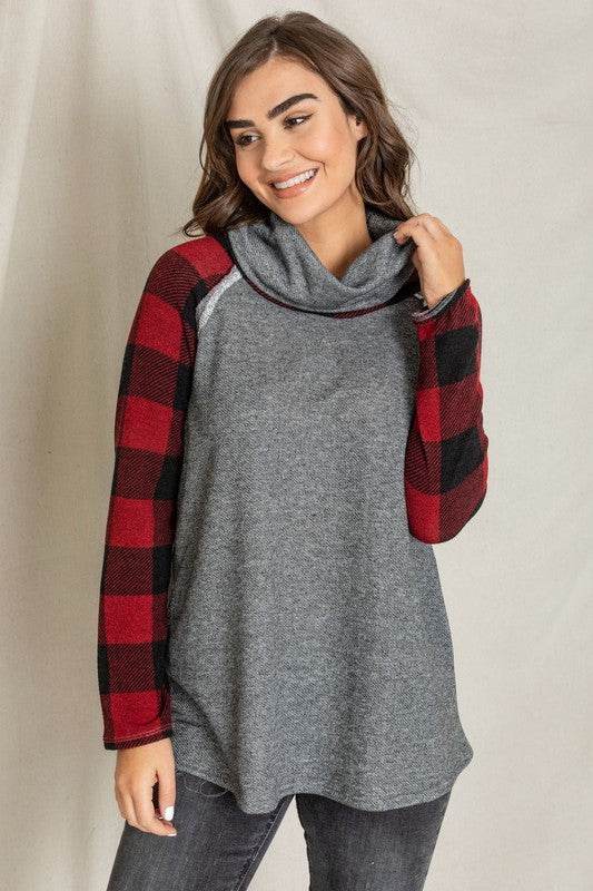 Terry Cowl Neck Checkered Sleeve Tunic - Shop Style & More | Fresh Looks, Everyday Deals & Free Shipping