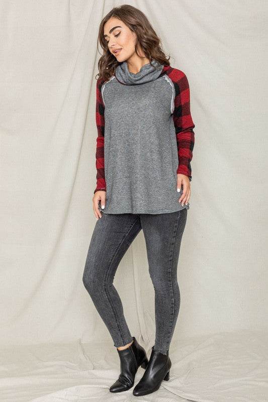 Terry Cowl Neck Checkered Sleeve Tunic - Shop Style & More | Fresh Looks, Everyday Deals & Free Shipping