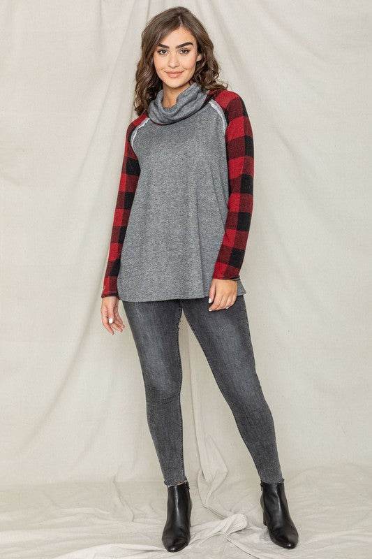 Terry Cowl Neck Checkered Sleeve Tunic - Shop Style & More | Fresh Looks, Everyday Deals & Free Shipping