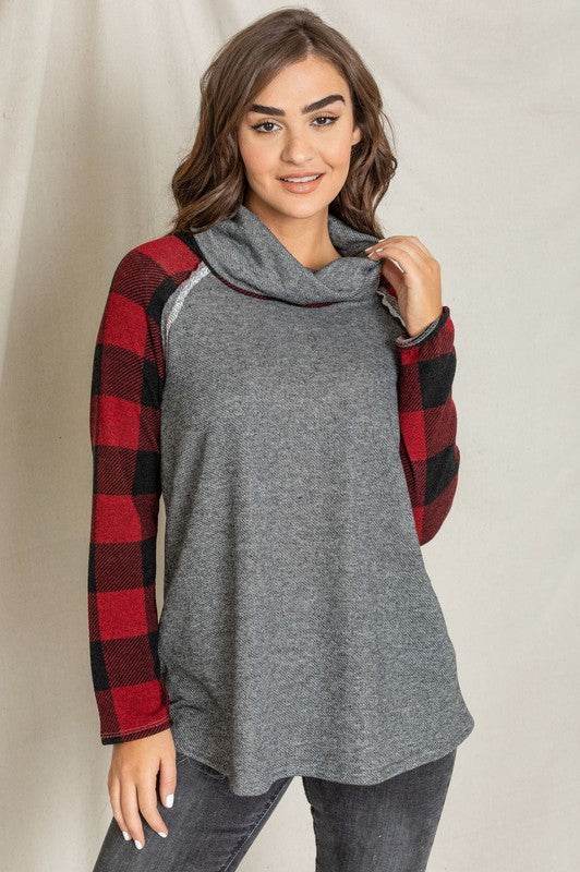 Terry Cowl Neck Checkered Sleeve Tunic - Shop Style & More | Fresh Looks, Everyday Deals & Free Shipping