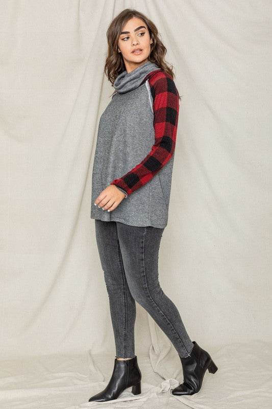 Terry Cowl Neck Checkered Sleeve Tunic - Shop Style & More | Fresh Looks, Everyday Deals & Free Shipping