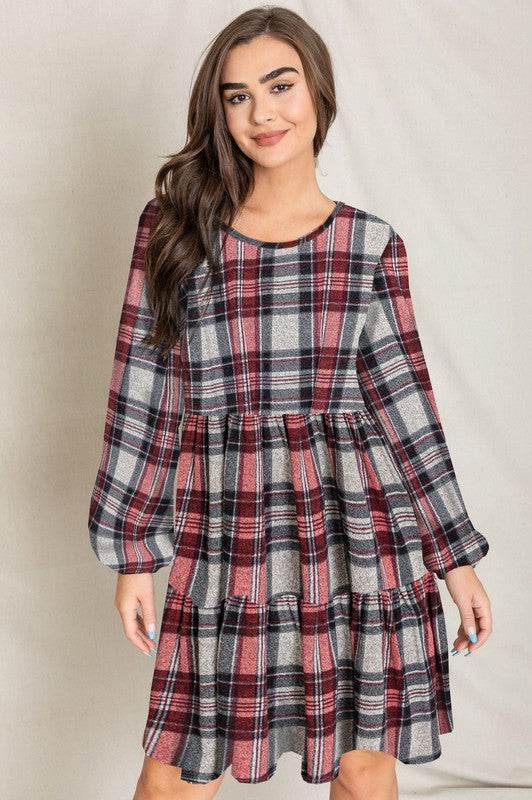 Plus Plaid Balloon Sleeve Tiered Midi Dress - Shop Style & More | Fresh Looks, Everyday Deals & Free Shipping