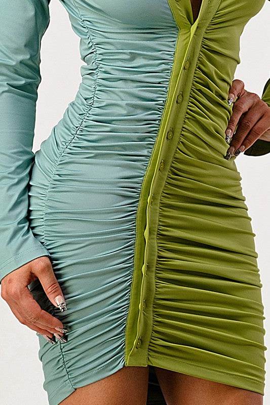 Two tone ruched button up dress - Shop Style & More | Fresh Looks, Everyday Deals & Free Shipping