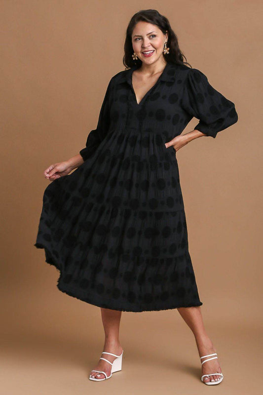 Umgee Full Size Solid Dotted Jacquard Midi Dress Plus Size - Shop Style & More | Fresh Looks, Everyday Deals & Free Shipping