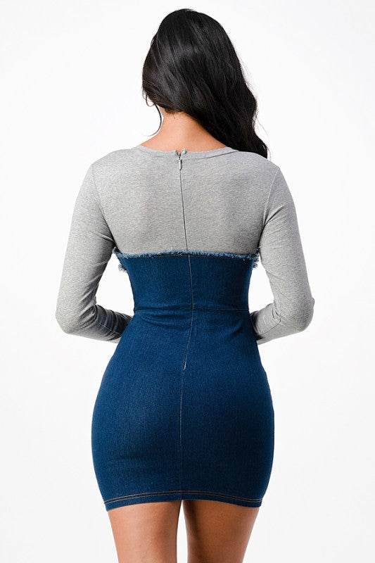 Long sleeve Denim dress with rib fabric 25987 - Shop Style & More | Fresh Looks, Everyday Deals & Free Shipping