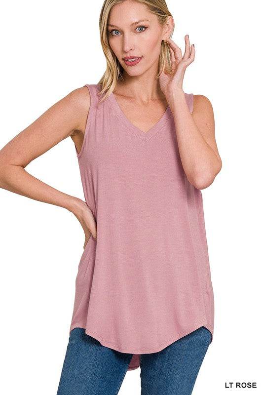 Luxe Rayon Sleeveless V-Neck Hi-Low Hem Top - Shop Style & More | Fresh Looks, Everyday Deals & Free Shipping