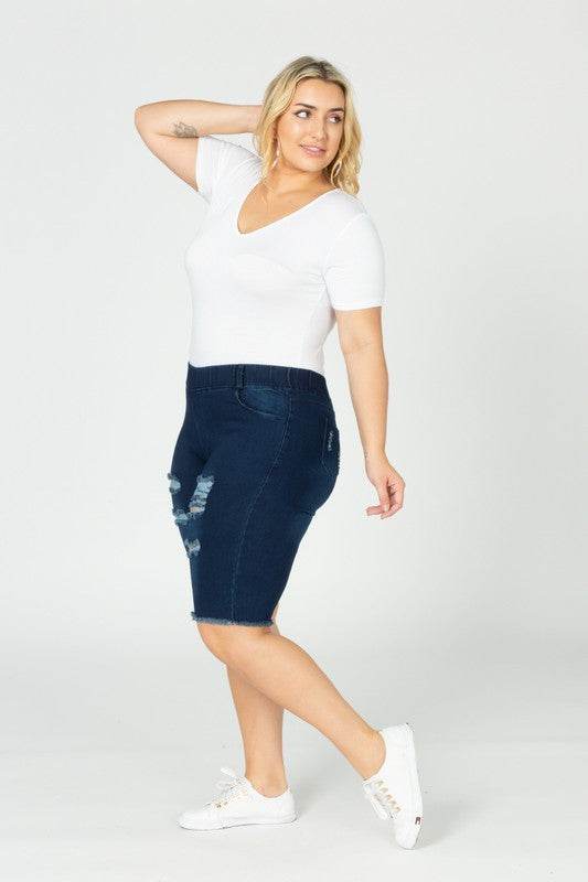 Plus Hi-Waist Distressed Bermuda Short Jeggings - Shop Style & More | Fresh Looks, Everyday Deals & Free Shipping