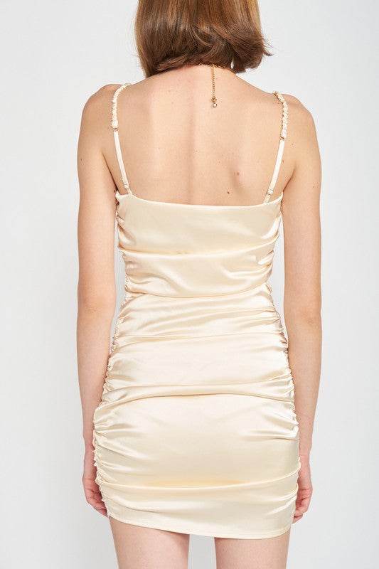 RUCHED SATIN SPAGHETTI STRAP MINI DRESS - Shop Style & More | Fresh Looks, Everyday Deals & Free Shipping