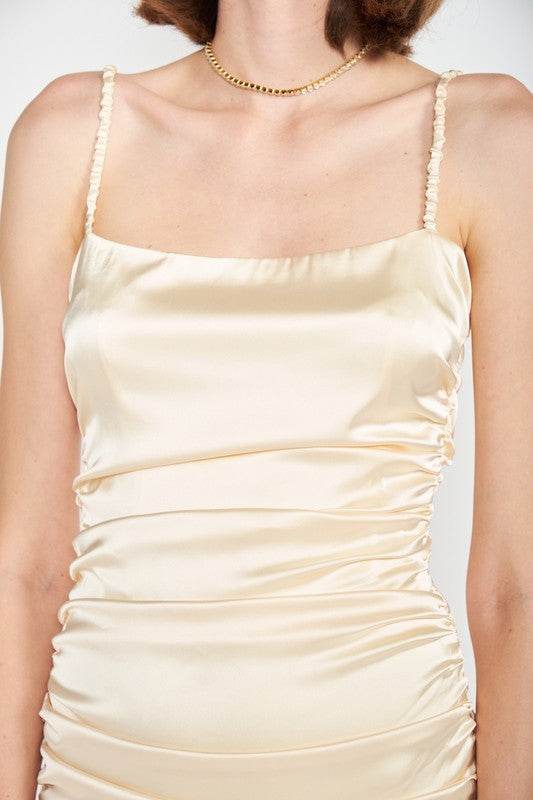RUCHED SATIN SPAGHETTI STRAP MINI DRESS - Shop Style & More | Fresh Looks, Everyday Deals & Free Shipping