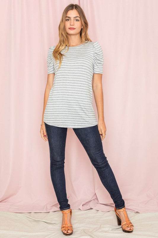 Stripe Puff Ruched Sleeve Top - Shop Style & More | Fresh Looks, Everyday Deals & Free Shipping