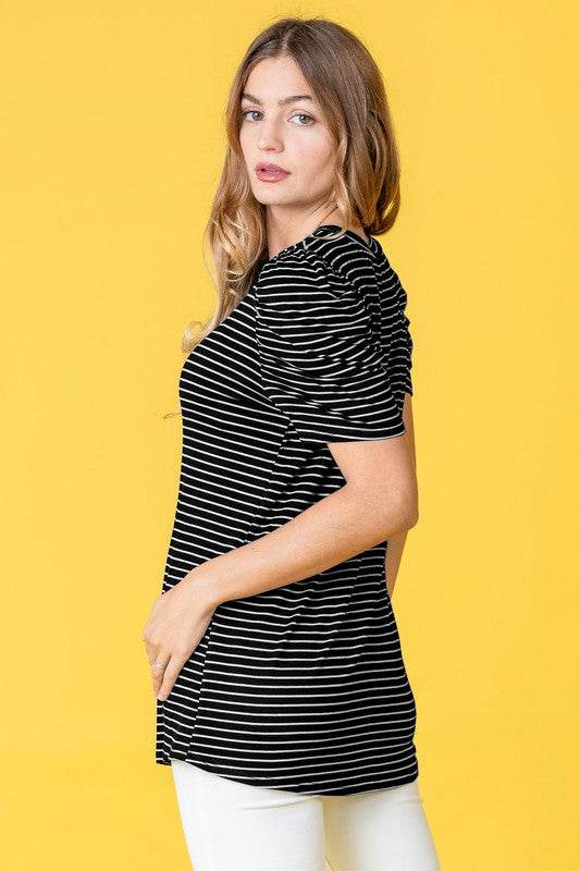 Stripe Puff Ruched Sleeve Top - Shop Style & More | Fresh Looks, Everyday Deals & Free Shipping