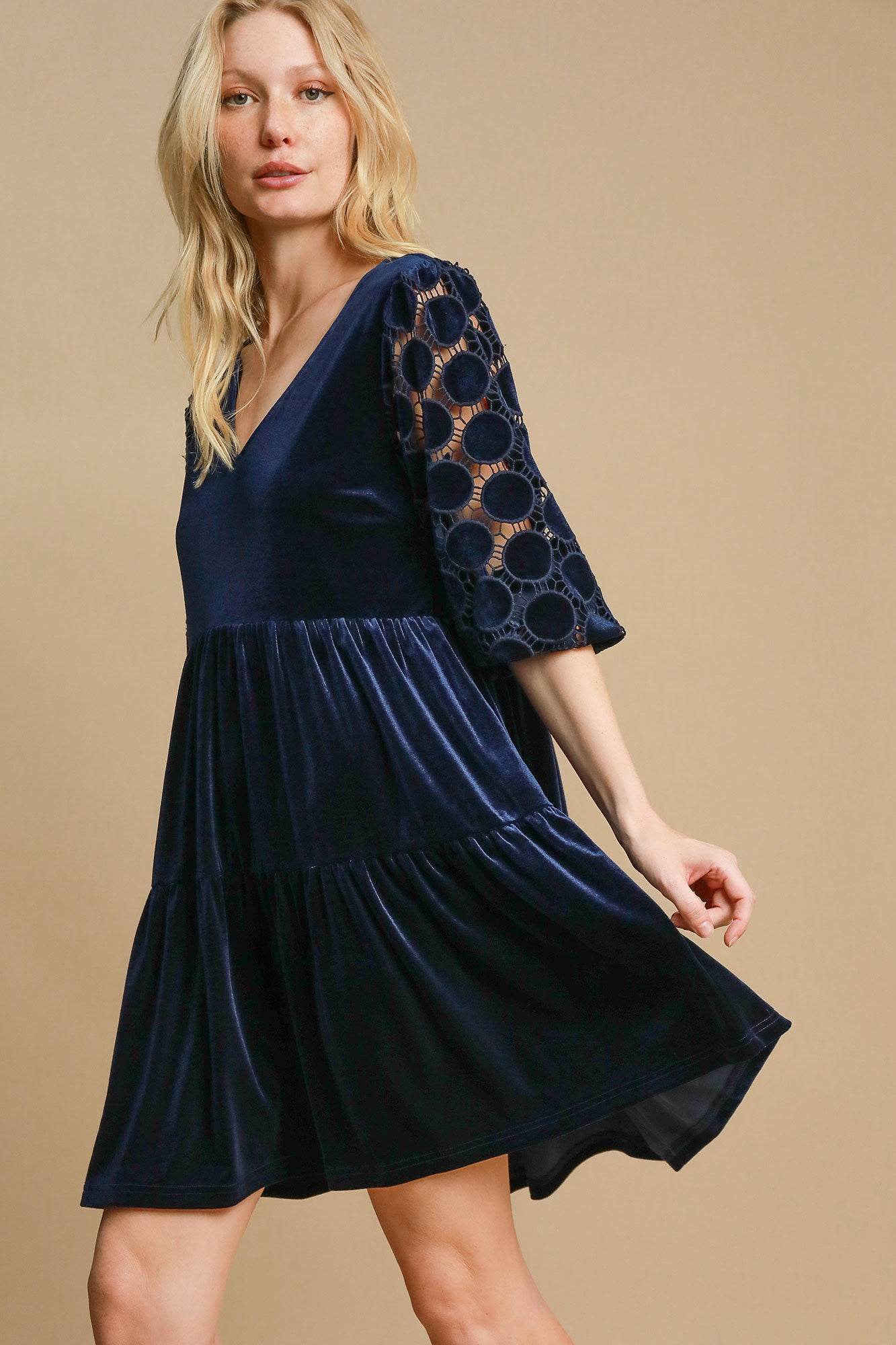Umgee Dotted Lace Sleeve Tiered Velvet Mini Dress - Shop Style & More | Fresh Looks, Everyday Deals & Free Shipping
