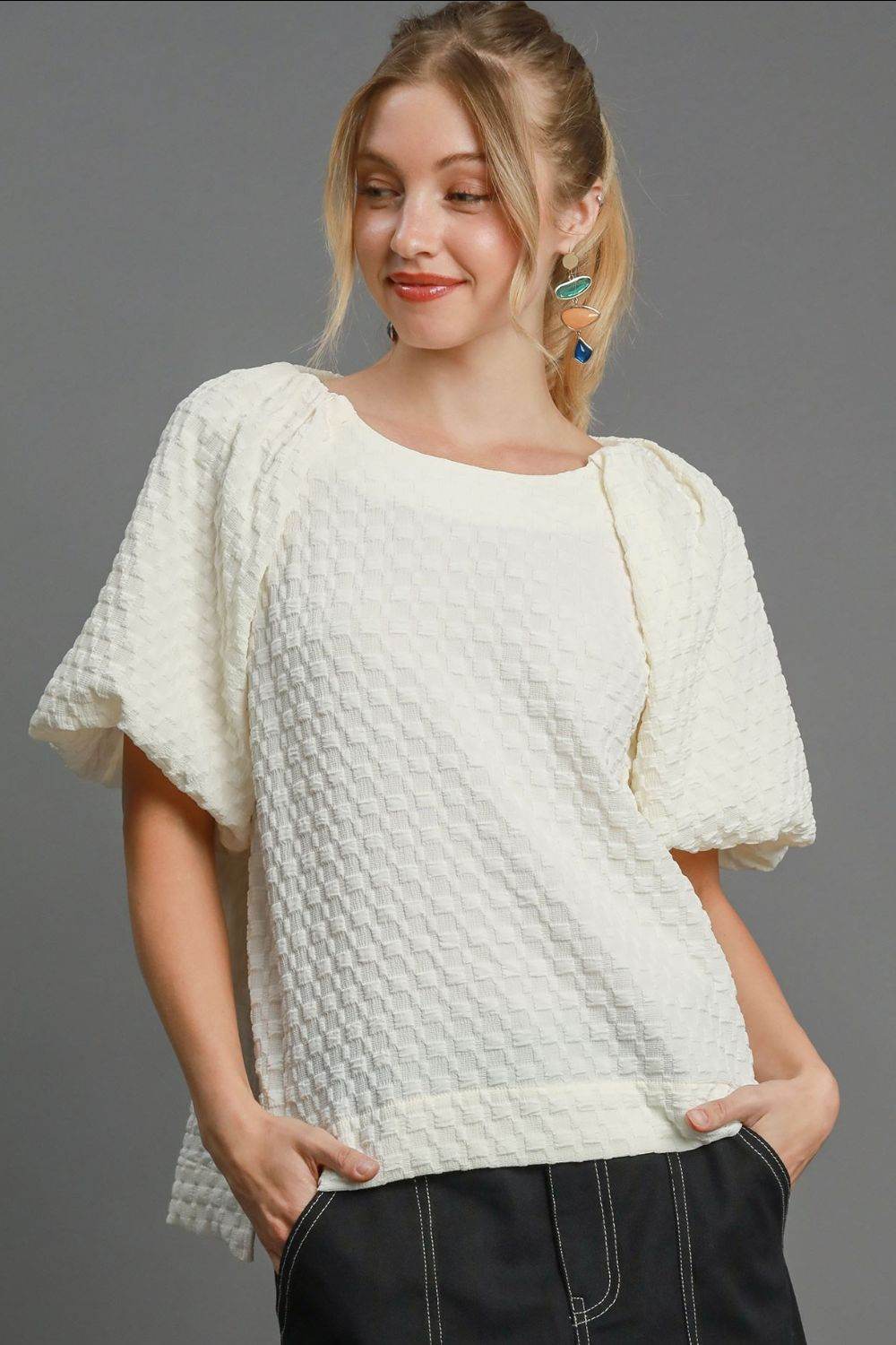 Umgee Full Size Boxy Cut Jacquard Round Neck Top with Side Slit Plus Size - Shop Style & More | Fresh Looks, Everyday Deals & Free Shipping
