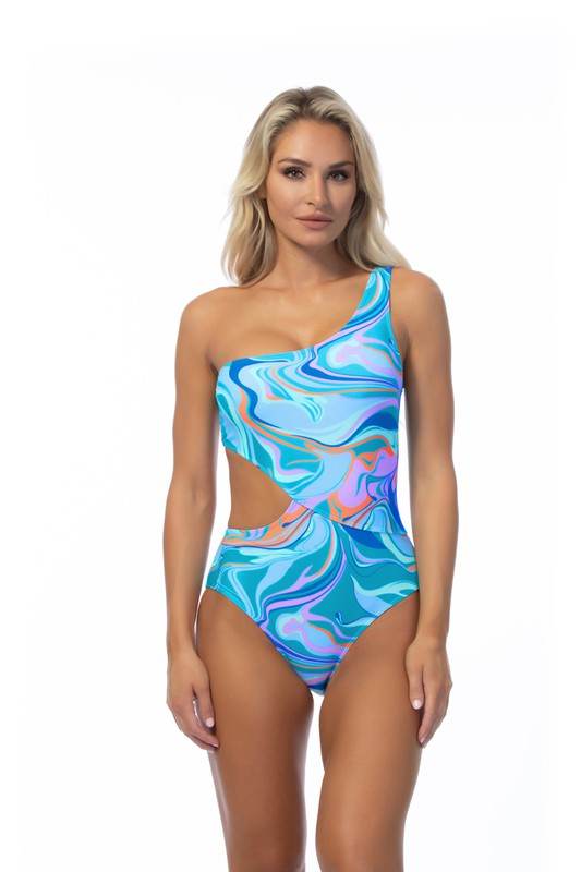 WAVE PRINTED ONE SHOULDER ONE PIECE SWIMSUIT - Shop Style & More | Fresh Looks, Everyday Deals & Free Shipping