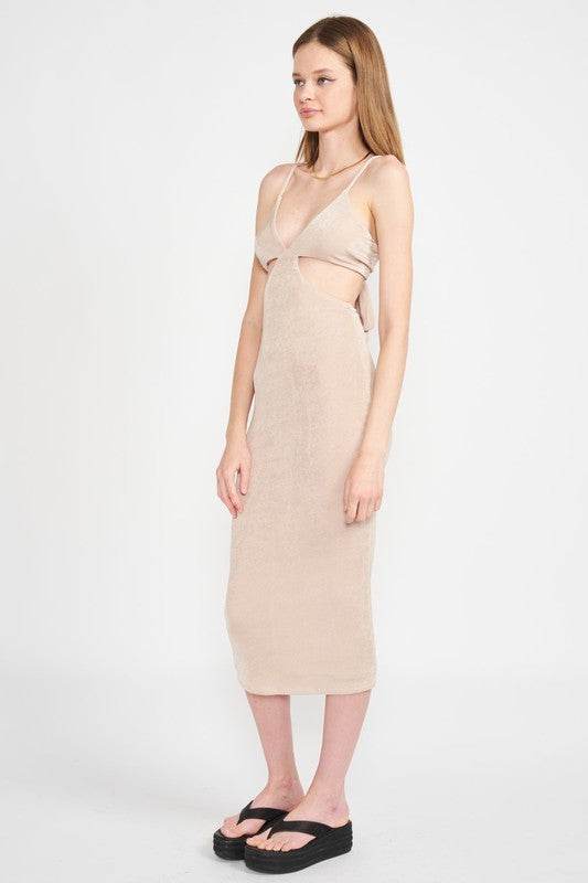 SPAGHETTI STRAP TIE BACK MIDI DRESS WITH CUTOUT - Shop Style & More | Fresh Looks, Everyday Deals & Free Shipping
