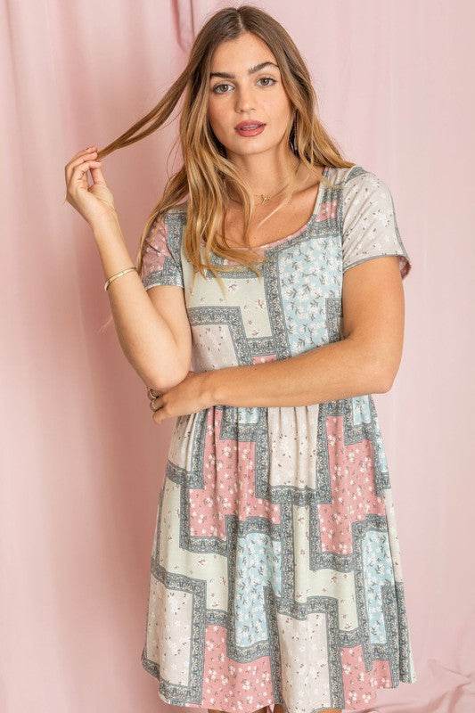 Plus Short Sleeve Floral Patch Work Mini Dress - Shop Style & More | Fresh Looks, Everyday Deals & Free Shipping