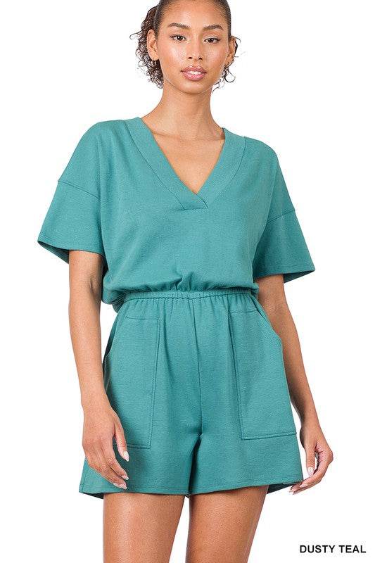 Drop Shoulder V-Neck Romper with Pockets - Shop Style & More | Fresh Looks, Everyday Deals & Free Shipping