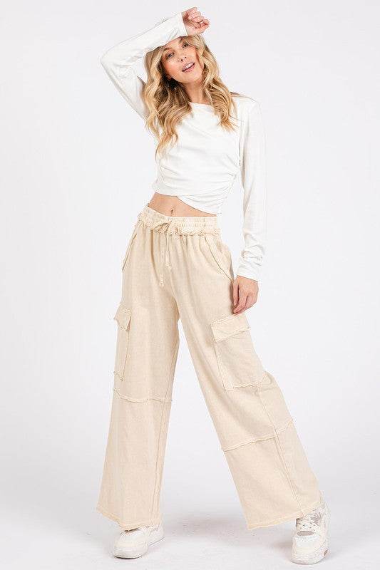 Mittoshop Mineral Wash Elastic Waist Cargo Wide Leg Pants - Shop Style & More | Fresh Looks, Everyday Deals & Free Shipping