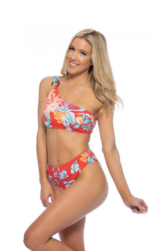 RED TROPICAL RING ACCENT ONE SHOULDER BIKINI SET - Shop Style & More | Fresh Looks, Everyday Deals & Free Shipping
