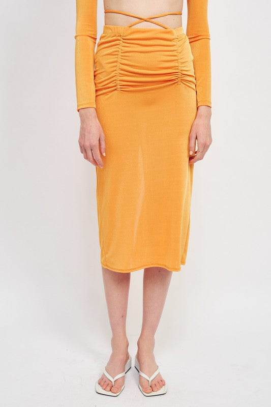 RUCHED MIDI SKIRT WITH WAIST TIE AND SLIT - Shop Style & More | Fresh Looks, Everyday Deals & Free Shipping