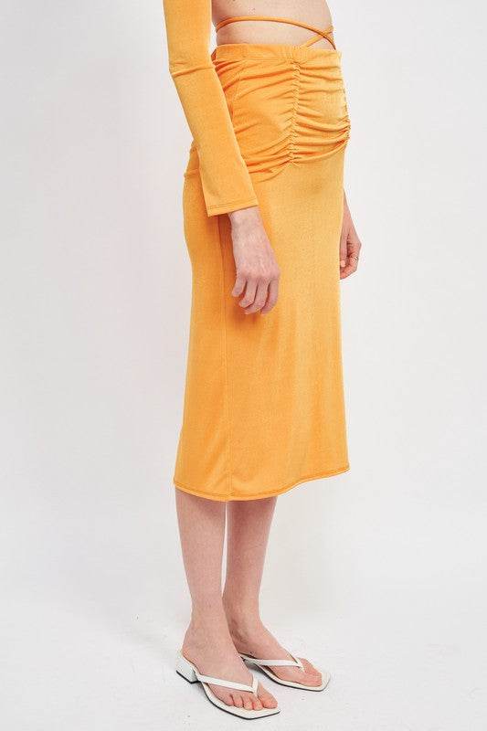 RUCHED MIDI SKIRT WITH WAIST TIE AND SLIT - Shop Style & More | Fresh Looks, Everyday Deals & Free Shipping