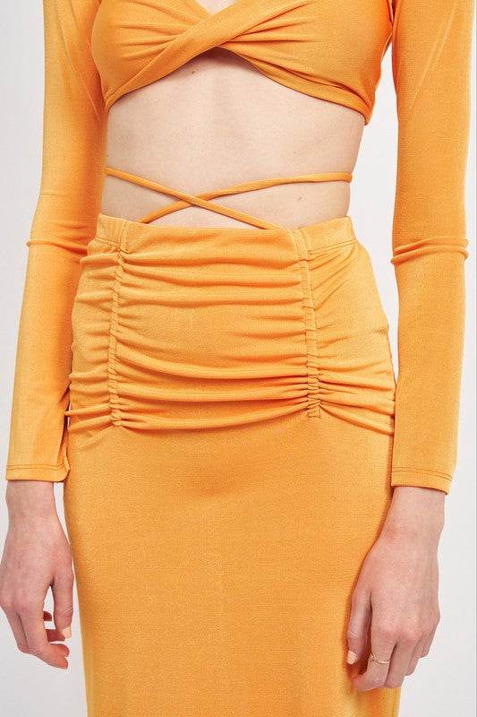 RUCHED MIDI SKIRT WITH WAIST TIE AND SLIT - Shop Style & More | Fresh Looks, Everyday Deals & Free Shipping